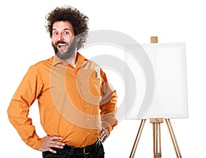 Weird painter in orange shirt