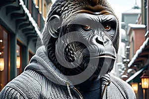 Weird Person with Gorilla Monkey Face Donning a Soft Warm Pullover - Fashion Advertisement Digital Concept