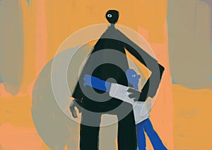 Weird Person silhouette with one eye and a small person hugging him at the level of the pelvis expressionism painting,