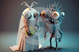 Weird wedding couple, alien creature, fantasy illustration generated by AI