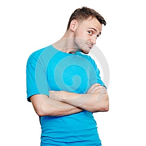 Weird young man in blue t-shirt