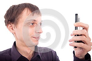 Weirdo man looking at cellphone