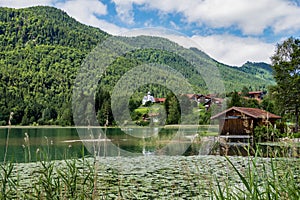 Weissensee lake in the bavarian alps near fuessen, allgaeu, bavaria, germany