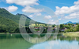 Weissensee lake in the bavarian alps near fuessen, allgaeu, bavaria, germany