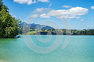 Weissensee lake in the bavarian alps near fuessen, allgaeu, bavaria, germany