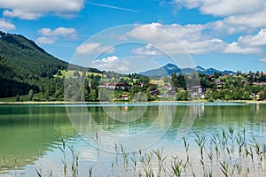 Weissensee lake in the bavarian alps near fuessen, allgaeu, bavaria, germany