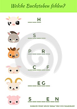 Welche Buchstaben fehlen? - What letters are missing? Complete the words. Matching educational game for children with cute animals