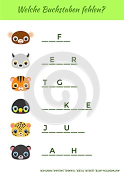 Welche Buchstaben fehlen? - What letters are missing? Complete the words. Matching educational game for children with cute animals
