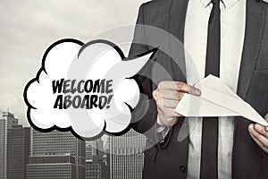 Welcome aboard text on speech bubble with