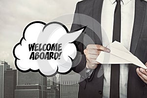 Welcome aboard text on speech bubble with photo