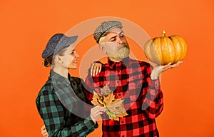 Welcome autumn. colors of fall season. Harvest time concept. happy family of farmers. man and woman retro peaked hat