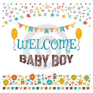 Welcome baby boy. Announcement card. Baby shower greeting card.