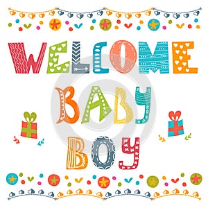 Welcome baby boy. Baby boy arrival card. Baby boy shower card