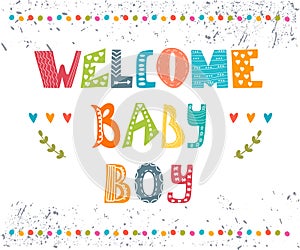 Welcome baby boy. Baby boy arrival postcard.