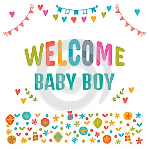 Welcome baby boy. Baby boy shower card. Baby shower greeting car