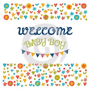 Welcome baby boy. Baby shower greeting card. Baby boy shower car