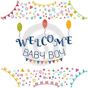 Welcome baby boy. Baby shower greeting card. Cute baby boy shower card. Baby boy arrival postcard