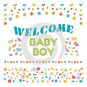 Welcome baby boy shower card. Arrival card. Cute postcard