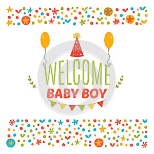 Welcome baby boy shower card. Arrival card. Cute postcard. Announcement card