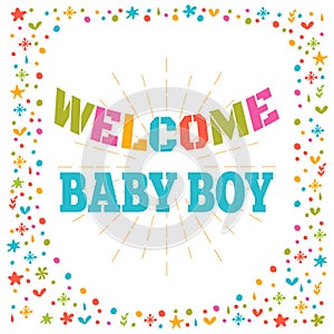 Welcome baby boy shower card. Cute postcard. Arrival card