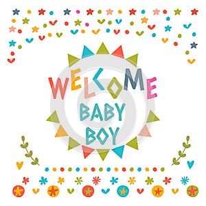 Welcome baby boy shower card. Cute postcard with decorative elem