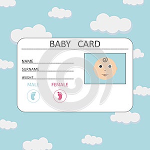 Welcome baby card on blue sky background with name, surname, photo, weight, vector illustration.