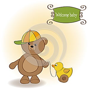 Welcome baby card with boy teddy bear