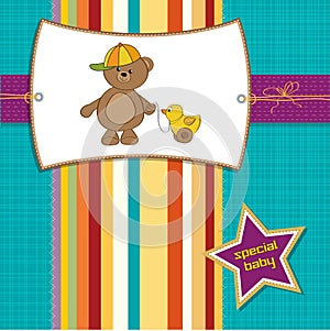 Welcome baby card with boy teddy bear