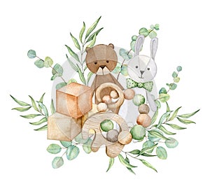 Welcome baby card with bunny and bear doll, teething toy, cubes, eucalyptus. Hand drawn watercolor illustration eco baby