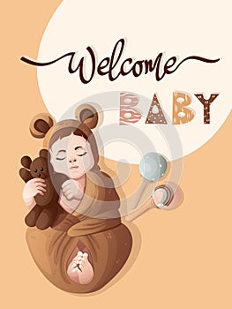 Welcome baby card, cute vector illustration flat