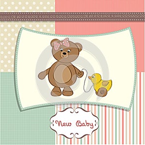 Welcome baby card with girl teddy bear