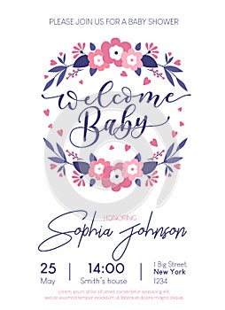 Welcome Baby cute card invitation with lettering and baby footprints