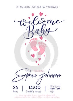 Welcome Baby cute card invitation with lettering and baby footprints. Baby shower card design. Vector illustration