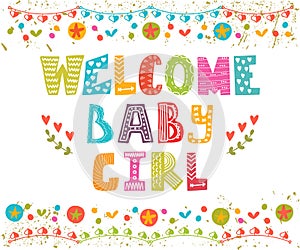 Welcome baby girl. Baby girl arrival card.