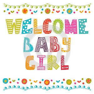 Welcome baby girl. Baby girl arrival card. Baby girl shower card