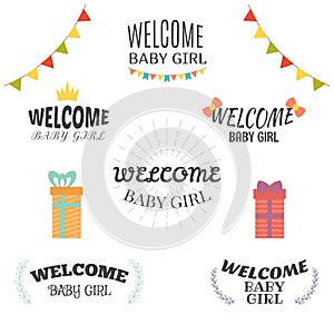 Welcome baby girl. Baby girl arrival postcards. Baby shower card