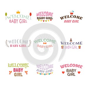 Welcome baby girl. Baby girl arrival postcards. Baby shower card