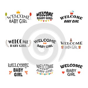 Welcome baby girl. Baby girl arrival postcards. Set of emblems,
