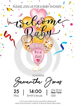 Welcome baby girl invitation design. Cute balloons baby footprints, heart shaped and golden balloons. Vector baby shower