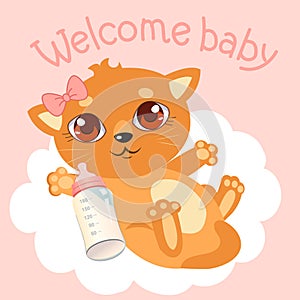 Welcome Baby Girl. Newborn Baby Cat. Welcome Baby Invitation. WelcomÑƒ Baby Card.