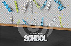 Welcome back to school background with wooden frame blackboard, falling confetti and ringlets photo