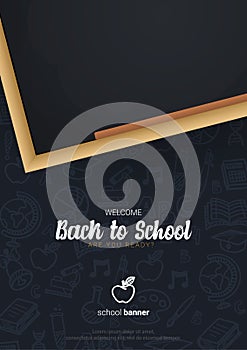 Welcome Back to School banner with chalkboard and dark hand draw doodle background.