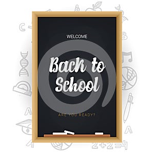 Welcome Back to School banner with chalkboard and white hand draw doodle background.