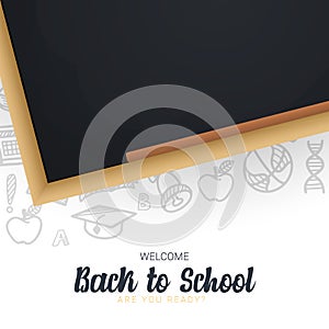 Welcome Back to School banner with chalkboard and white hand draw doodle background.