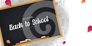 Welcome Back to School banner with chalkboard and white hand draw doodle background.