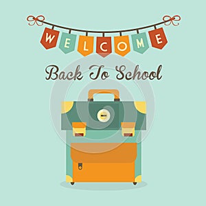 Welcome Back To School banner message with retro school bag icon