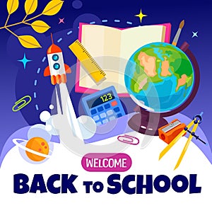 Welcome back to school banner with a spaceship, planets and supplies for web ads