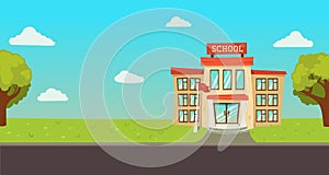 Welcome back to school banner. Street with educational building exterior