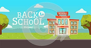 Welcome back to school banner. Street with educational building exterior