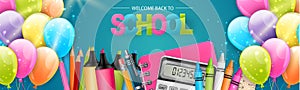 Welcome back to school banner or website header with realistic education supplies.